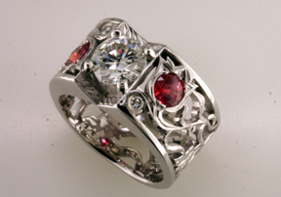 Diamond and Padparadscha Filigree Ring