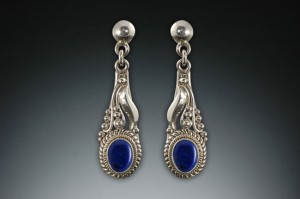 Lapis earrings, leaf style, fine silver- note the left and right!