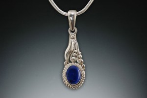 Lapis pendant, leaf style, fine silver