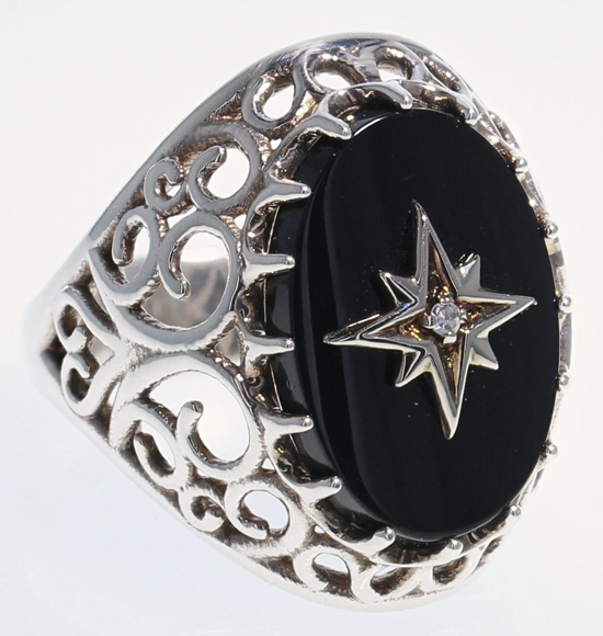 SS Black Onyx Filigree Ring