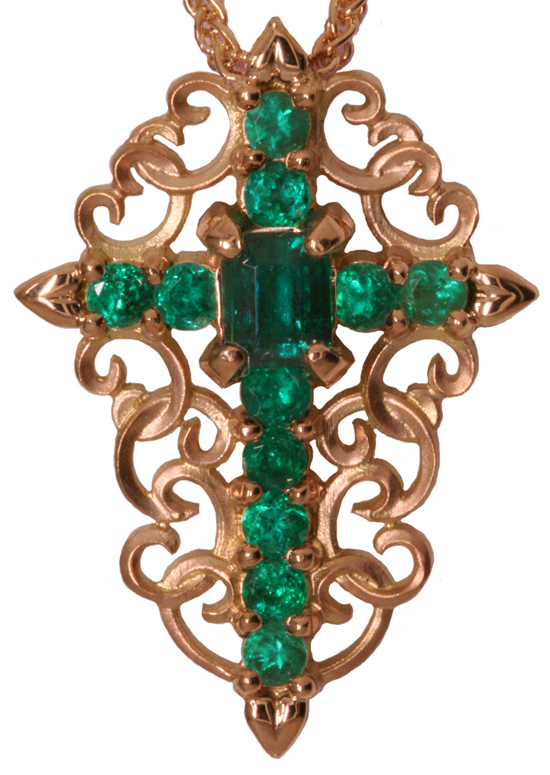 14ky Emerald Sunrise Cross Pendant